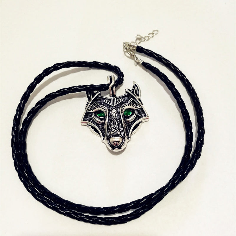 Nordic myth Fenrir Wolf Head with Green Eye Necklace