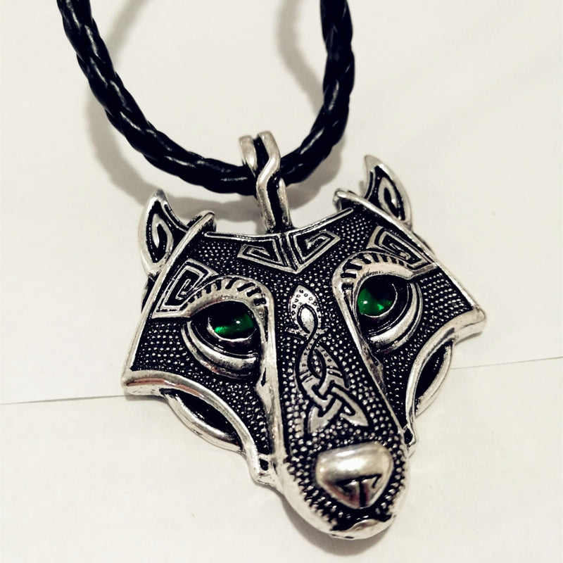 Nordic myth Fenrir Wolf Head with Green Eye Necklace