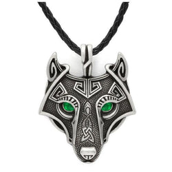 Nordic myth Fenrir Wolf Head with Green Eye Necklace